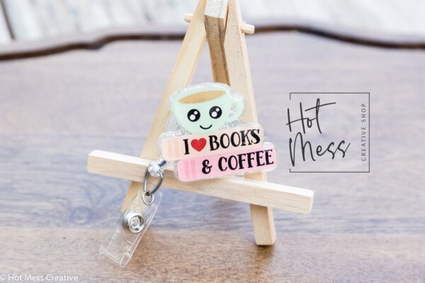 I Love Coffee And Books Badge Reel for Teacher or Librarian, Personalized Badge ID,  Retractable Lanyard, Interchangeable, TH1