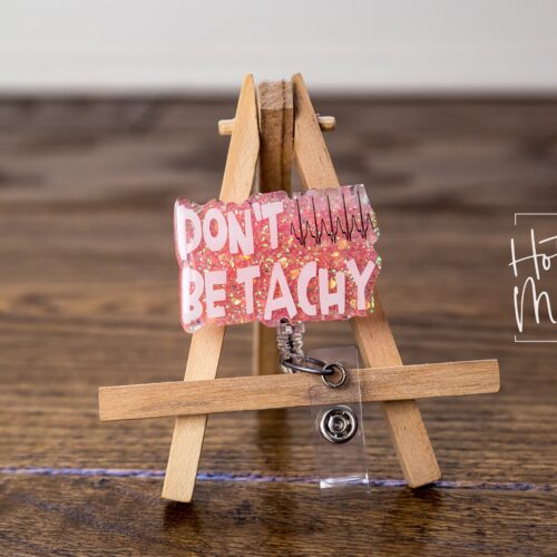 il_fullxfull.2997810256_lmny Funny Pink Glitter Cardiology Badge Reel: Retractable RN ID Holder for Nurses, Don't be Tachy, Stocking Stuffer