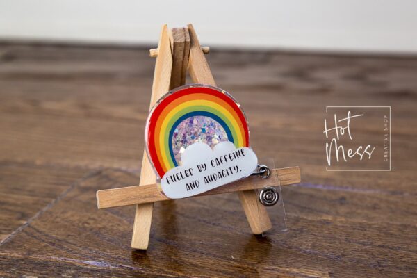 il_fullxfull.3045486035_mjkj Fueled By Caffeine and Audacity Funny Rainbow Badge Reel, RN ID Holder, Retractable Badge Reel, Night Shift, Audacity, Stocking Stuffer