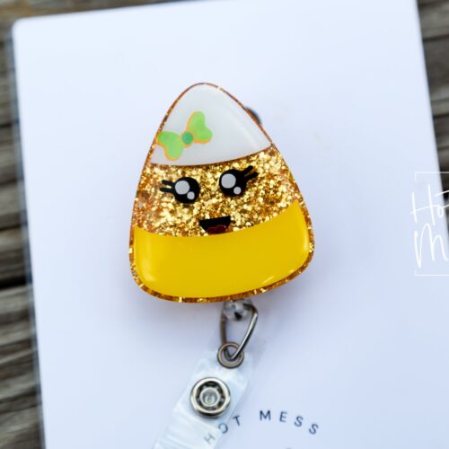Candy Corn Funny Halloween Glitter Badge Reel, Halloween ID Holder, Interchangeable badge reel, Halloween Candy Badge Reel