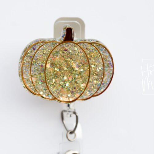 Fall Gold Pumpkin Glitter Funny Badge Reel, Thanksgiving Badge Reel, Halloween Badge Reel, Autumn Badge Reel