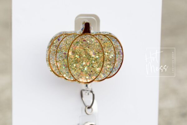 il_fullxfull.3337187673_74wf Fall Gold Pumpkin Glitter Funny Badge Reel, Thanksgiving Badge Reel, Halloween Badge Reel, Autumn Badge Reel