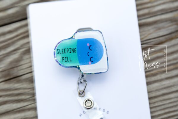 il_fullxfull.3383040329_mktm Sleeping Pill Badge Reel, Sleeping Pill ID holder, funny badge reel