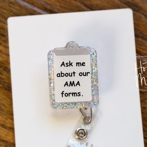 il_fullxfull.3436039098_thla Ask Me About Our AMA Forms Clipboard Funny Badge Reel, Nurse Badge Reel, ID Holder, ICU Nurse, Retractable Badge