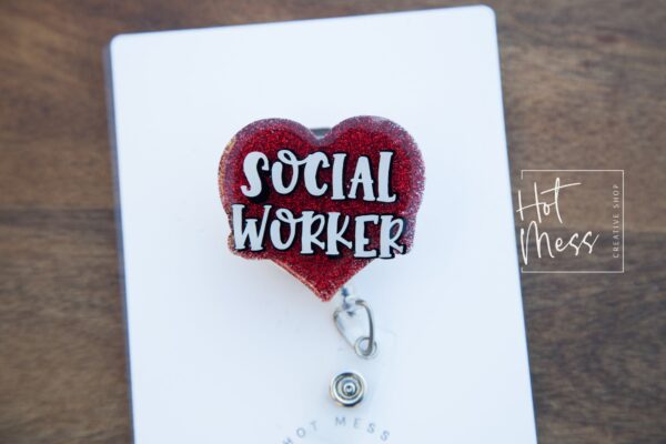 Social Worker Heart Funny Badge Reel, social worker badge, ID holder, Retractable Acrylic Badge Reel, Heart Badge reel