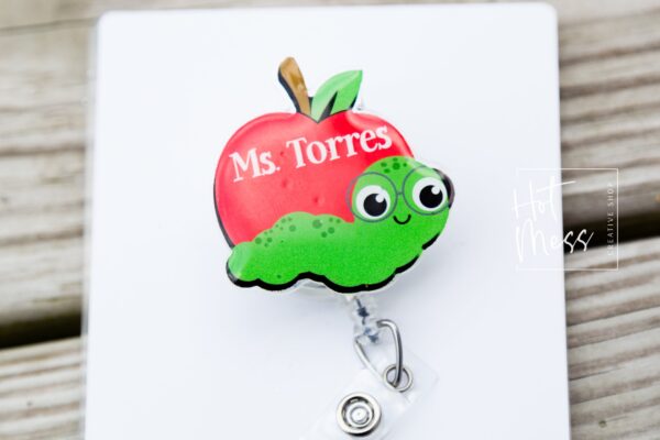 Personalized Apple and Caterpillar Teacher Funny Badge Reel, ID Holder, Interchangeable Badge Reel, Apple, Book worm, Teacher Gift