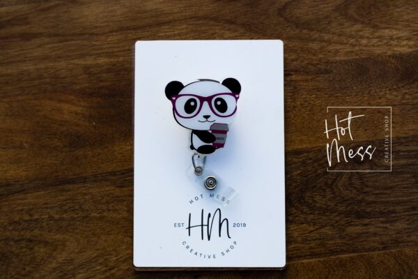 Panda With Coffee Cup Funny Badge Reel, Retractable Interchangeable Badge Reel, Cute badge Reel, Teacher ID Holder, animal badge reel