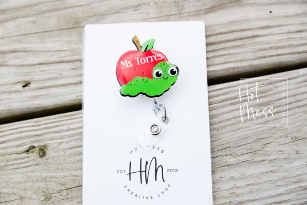 Personalized Apple and Caterpillar Teacher Funny Badge Reel, ID Holder, Interchangeable Badge Reel, Apple, Book worm, Teacher Gift
