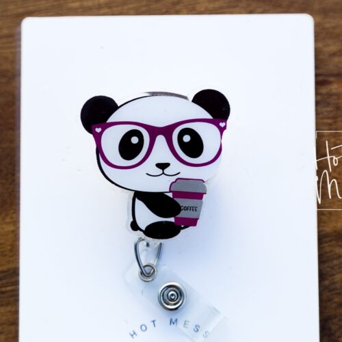 Panda With Coffee Cup Funny Badge Reel, Retractable Interchangeable Badge Reel, Cute badge Reel, Teacher ID Holder, animal badge reel