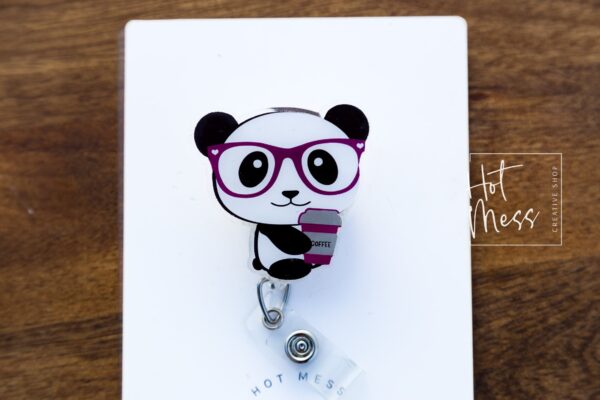Panda With Coffee Cup Funny Badge Reel, Retractable Interchangeable Badge Reel, Cute badge Reel, Teacher ID Holder, animal badge reel