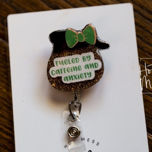 il_fullxfull.3674414258_rpab Fueled by Caffeine and Anxiety Funny Badge Reel, RN ID Holder, Retractable Acrylic Badge Reel, Teacher Badge Reel