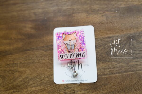 Suck My Balls Funny Corgi Badge Reel, Boba Tea, RN ID Holder, Retractable Acrylic Badge Reel, Nurse Gift, Night Shift, Office Badge Reel