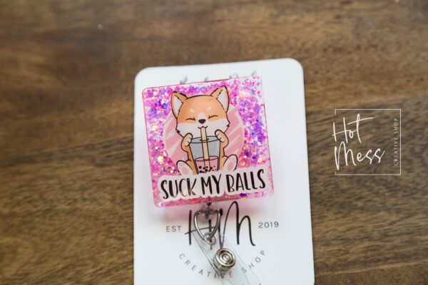 Suck My Balls Funny Corgi Badge Reel, Boba Tea, RN ID Holder, Retractable Acrylic Badge Reel, Nurse Gift, Night Shift, Office Badge Reel