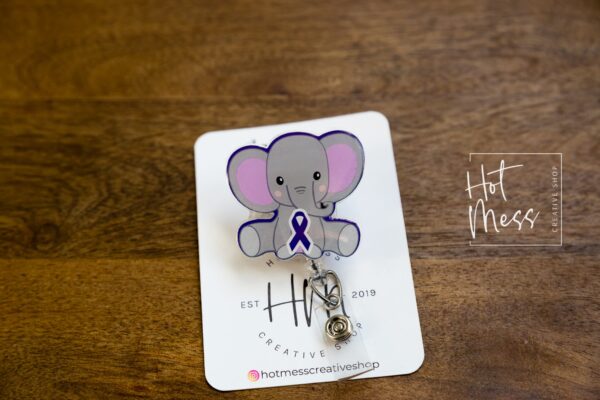 il_fullxfull.3756273907_9yqs Alzheimer's Awareness Elephant Funny Badge Reel, Elephant RN ID Holder, Retractable Acrylic Badge Reel, purple ribbon