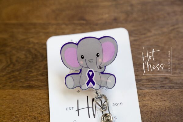 il_fullxfull.3756273909_tm57 Alzheimer's Awareness Elephant Funny Badge Reel, Elephant RN ID Holder, Retractable Acrylic Badge Reel, purple ribbon