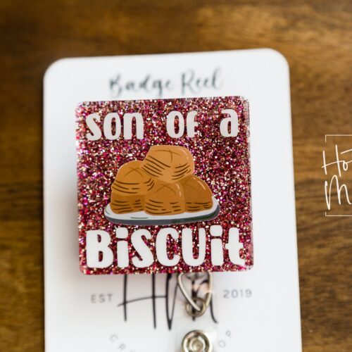 il_fullxfull.3763504670_35b0 Funny Badge Reel, Son of a Biscuit, RN ID Holder, Retractable Acrylic Badge Reel, Teacher gift, Office Worker