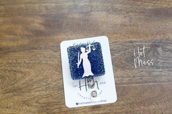 Statue of Justice badge reel, Attorney ID Holder, Lawyer badge reel