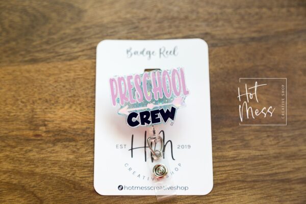 il_fullxfull.3786700682_lnjq Preschool Crew Funny Teacher Badge Reel, ID Holder, Interchangeable Badge Reel, Teacher Gift, Daycare Teacher