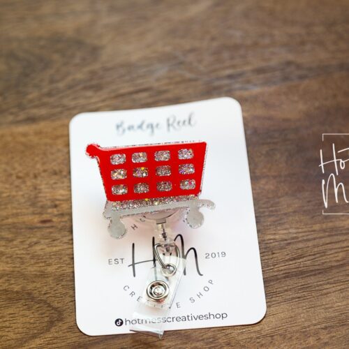 il_fullxfull.3786926642_mysi Red Shopping Cart Badge Reel, Customer Service badge reel, Store name tag holder