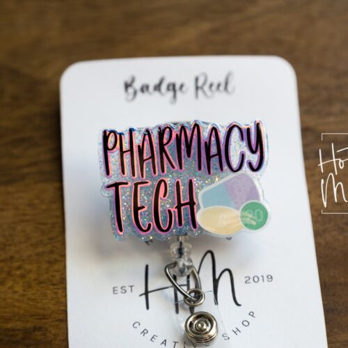 Pharmacy Tech Badge Reel, Pharmacy ID Holder, Glitter Badge Reel