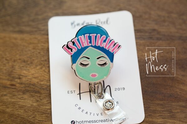 il_fullxfull.3792788406_eofd Esthetician Badge Reel, Lighter skin tone Esthetician pin, Retractable Badge Reel, Interchangeable Badge Reel, esthetician gift