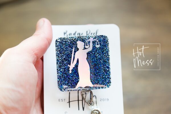 Statue of Justice badge reel, Attorney ID Holder, Lawyer badge reel