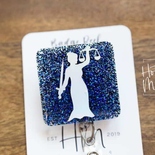 Statue of Justice badge reel, Attorney ID Holder, Lawyer badge reel