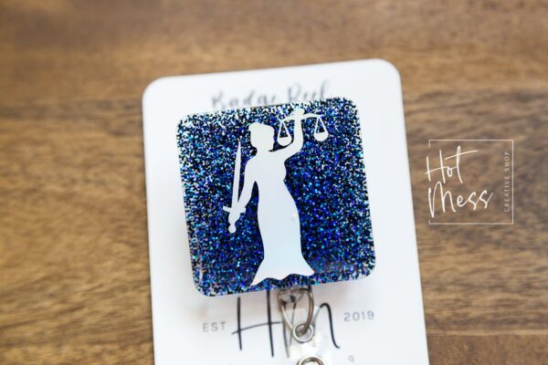 Statue of Justice badge reel, Attorney ID Holder, Lawyer badge reel