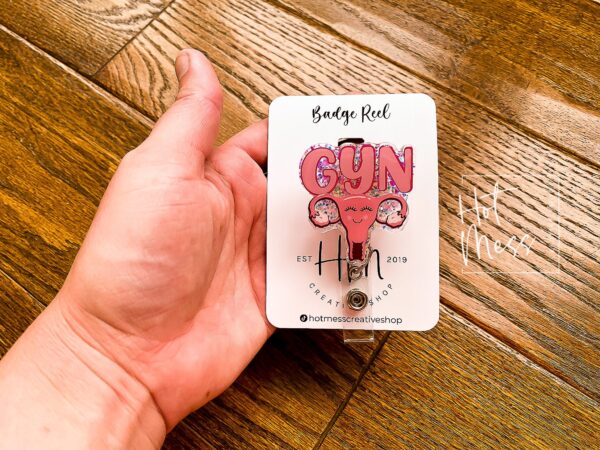 Pink GYN Uterus Funny Badge Reel, Retractable Badge Reel, Interchangeable Badge Reel, OB ID Holder