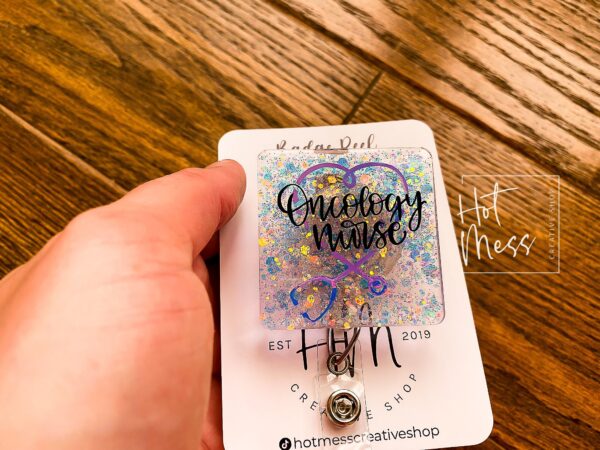 Oncology Nurse Badge Holder, RN ID Holder, Retractable Acrylic Badge Reel, Nurse Gift, oncology nurse badge