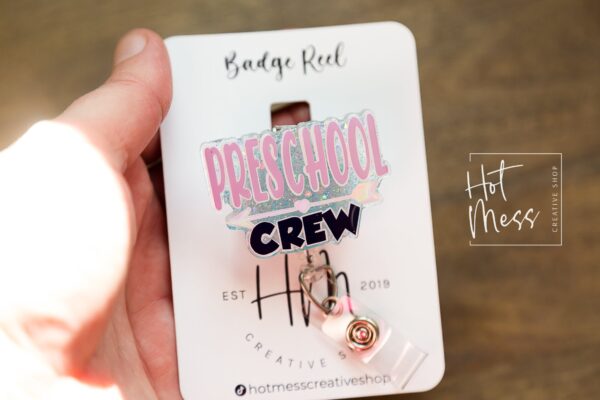 il_fullxfull.3834298607_2zo8 Preschool Crew Funny Teacher Badge Reel, ID Holder, Interchangeable Badge Reel, Teacher Gift, Daycare Teacher