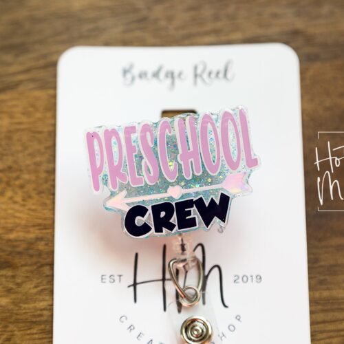 Preschool Crew Funny Teacher Badge Reel, ID Holder, Interchangeable Badge Reel, Teacher Gift, Daycare Teacher