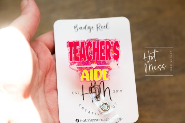 Teachers Aid Pink and Yellow Funny Badge Reel, ID Holder, Interchangeable Badge Reel, Teacher Gift, Teacher Appreciation