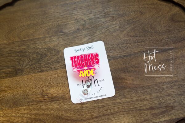 Teachers Aid Pink and Yellow Funny Badge Reel, ID Holder, Interchangeable Badge Reel, Teacher Gift, Teacher Appreciation