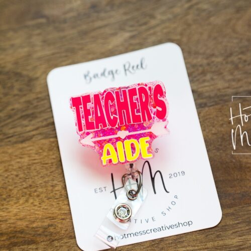 il_fullxfull.3834313323_drr0 Teachers Aid Pink and Yellow Funny Badge Reel, ID Holder, Interchangeable Badge Reel, Teacher Gift, Teacher Appreciation