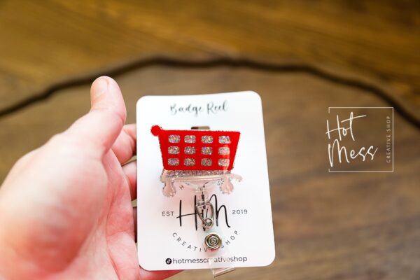 Red Shopping Cart Badge Reel, Customer Service badge reel, Store name tag holder