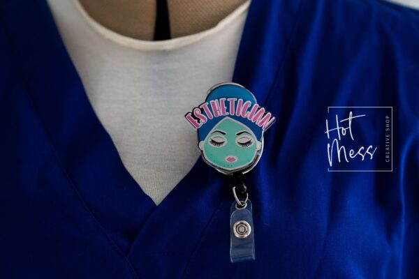 il_fullxfull.3840378549_sxyt Esthetician Badge Reel, Lighter skin tone Esthetician pin, Retractable Badge Reel, Interchangeable Badge Reel, esthetician gift