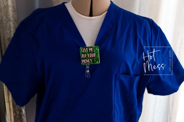 il_fullxfull.3840422081_p4ia Give Me All Your Money Funny Green Glitter Badge Reel, Bank ID holder, Cashier Badge Reel, Retractable Acrylic Badge Reel,