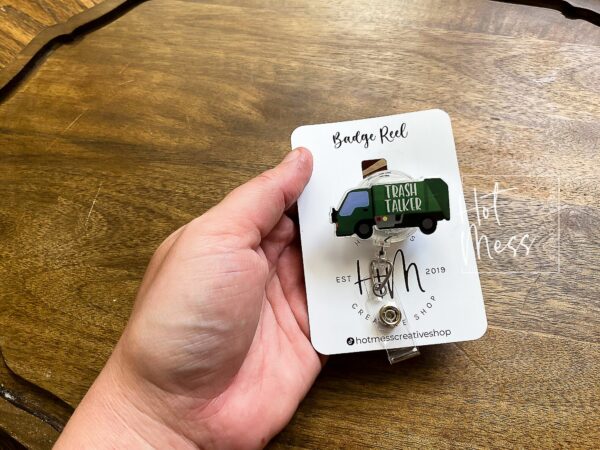 il_fullxfull.3840717428_p8pc Trash Talker Badge Reel, Funny Garbage Truck Pin, Retractable Acrylic Badge Reel, Interchangeable ID Holder