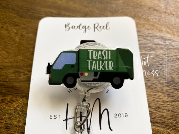 il_fullxfull.3840717436_ril1 Trash Talker Badge Reel, Funny Garbage Truck Pin, Retractable Acrylic Badge Reel, Interchangeable ID Holder