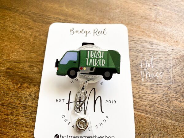 il_fullxfull.3840717442_cts0 Trash Talker Badge Reel, Funny Garbage Truck Pin, Retractable Acrylic Badge Reel, Interchangeable ID Holder