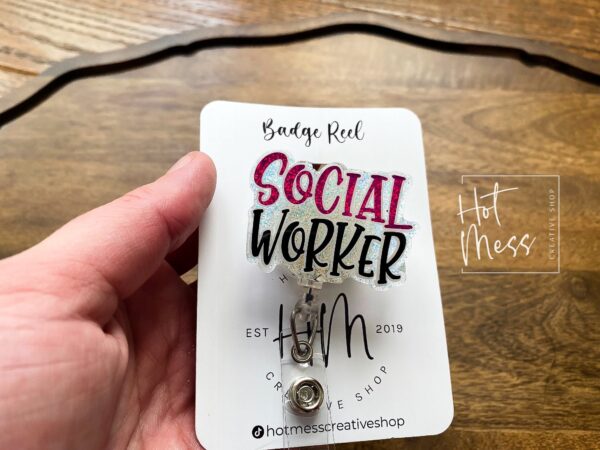 Social Worker Badge Reel, Retractable Badge Reel, Interchangeable Badge Holder, social worker gift, Purple glitter