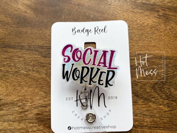 Social Worker Badge Reel, Retractable Badge Reel, Interchangeable Badge Holder, social worker gift, Purple glitter
