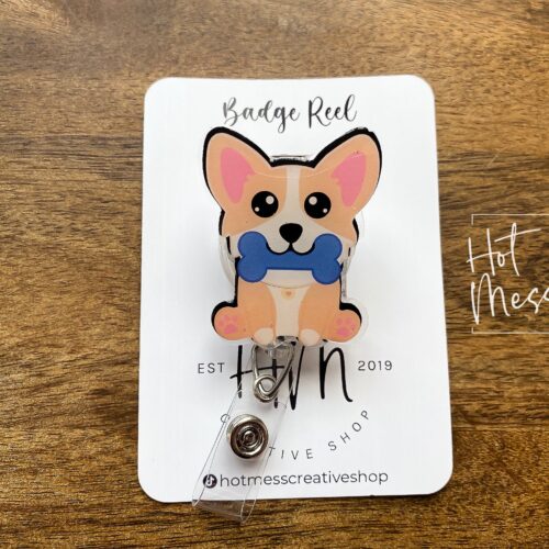 Cute Corgi Badge Reel, Boba Tea, RN ID Holder, Retractable Acrylic Badge Reel, Nurse Gift, Vet ID Holder, Office Badge Reel