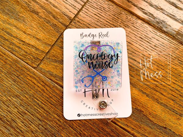 Oncology Nurse Badge Holder, RN ID Holder, Retractable Acrylic Badge Reel, Nurse Gift, oncology nurse badge