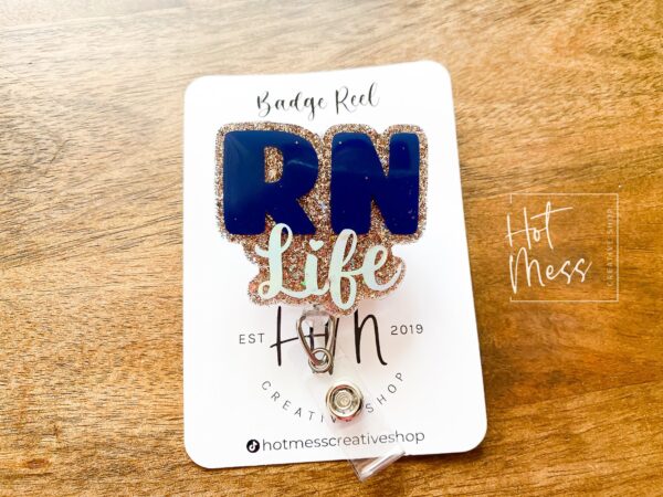 Gold RN Life Badge Reel, Nurse Pin, RN ID Holder, Retractable Acrylic Badge Reel, Glitter Badge Reel
