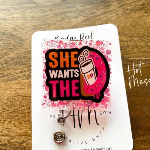 She Wants The Coffee Funny Badge Reel, Coffee Lover Badge Reel, Interchangeable ID Holder, Funny badge Reel, Retractable Lanyard