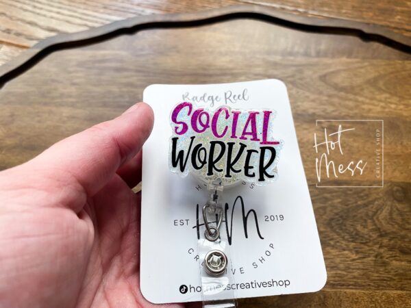 Social Worker Badge Reel, Retractable Badge Reel, Interchangeable Badge Holder, social worker gift, Purple glitter