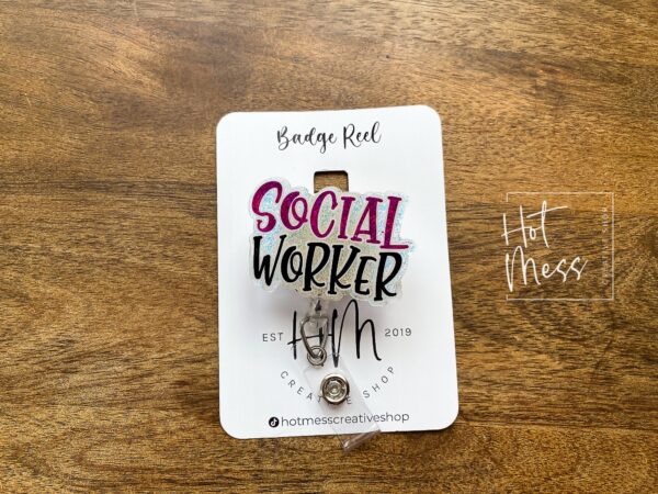 Social Worker Badge Reel, Retractable Badge Reel, Interchangeable Badge Holder, social worker gift, Purple glitter