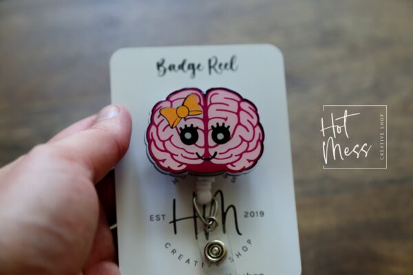 Pink Brain with Face and Pink Bow Funny Badge Reel, Neurology badge ID, Retractable ID, Lanyard Badge Holder, Nurse Gift, MD1